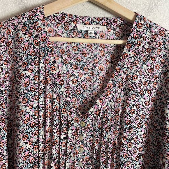 Rose+Olive Womens Plus 2X Floral V Neck Blouse 3/4 Sleeves Lightweight Shirt Top - Picture 7 of 9
